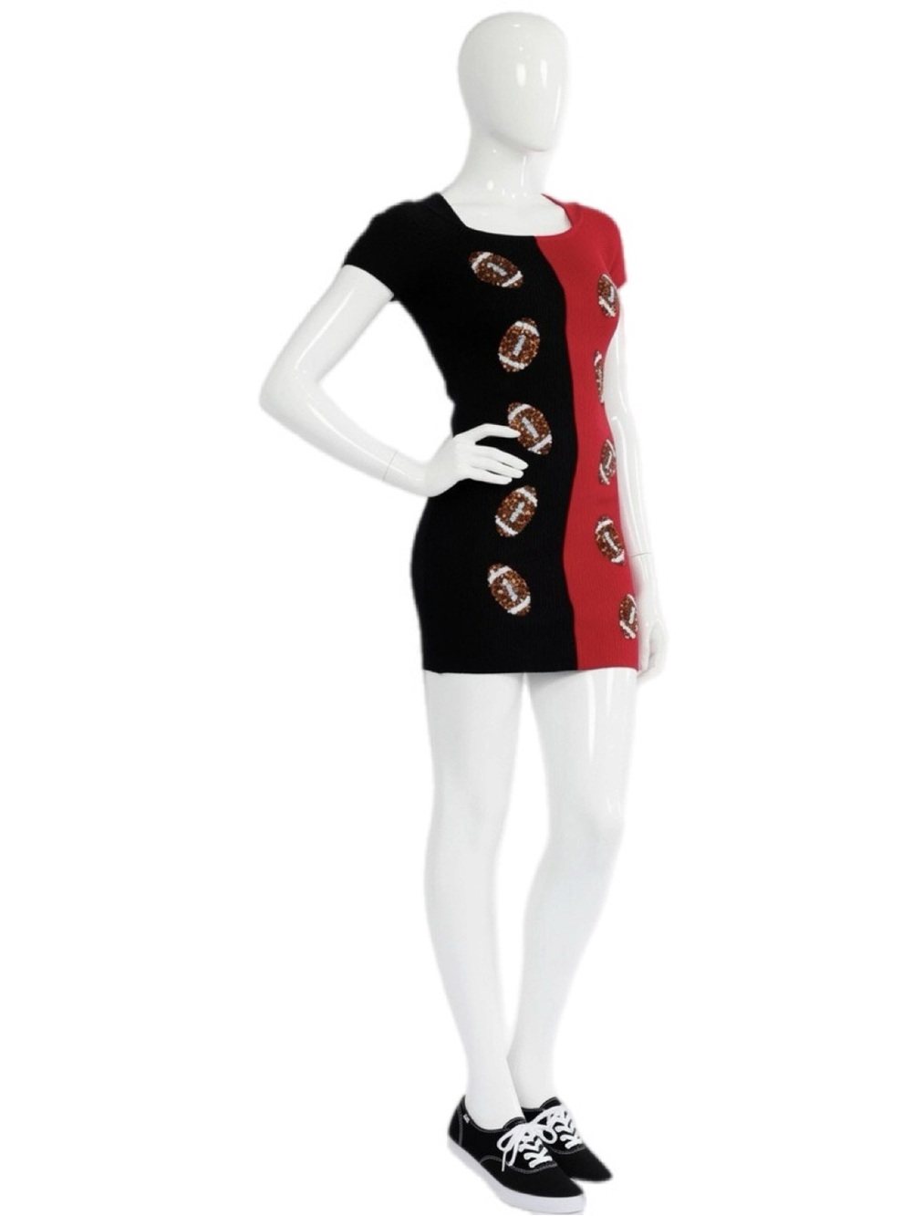 PEACH LOVE CALIFORNIA red & black ribbed sequin football fitted dress S M L
